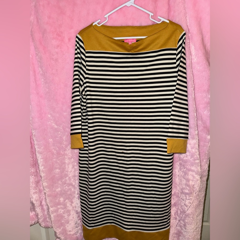 Isaac Mizrahi Black and Gold Striped Long Sleeve Dress